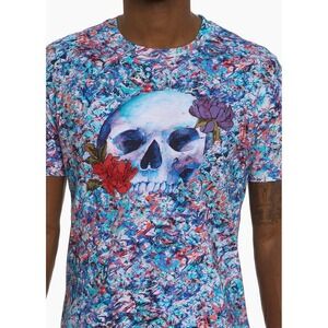 NWT Robert Graham GLASS SKULL Multicolor‎ Floral Short Sleeve Cotton Tee XL $138